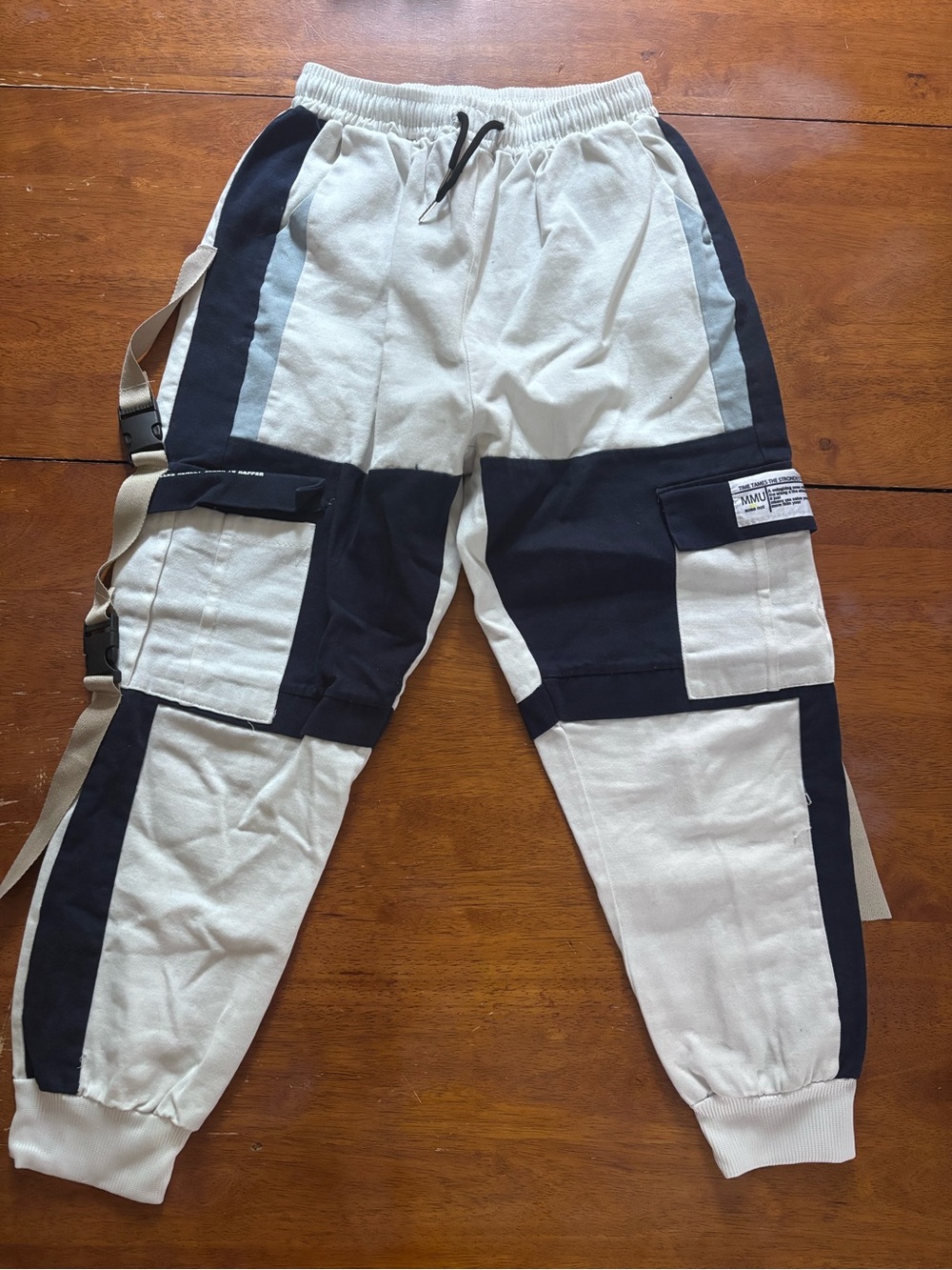 Techwear Utility Strap Cargo Joggers White/Navy Streetwear Pants